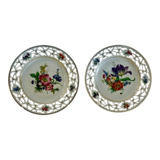 Pair of Antique German Dresden Porcelain Reticulated Cabinet Plates With Floral Decoration For Sale
