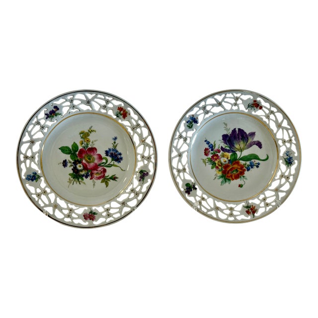 Pair of Antique German Dresden Porcelain Reticulated Cabinet Plates With Floral Decoration For Sale
