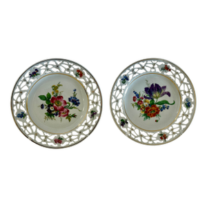 Pair of Antique German Dresden Porcelain Reticulated Cabinet Plates With Floral Decoration