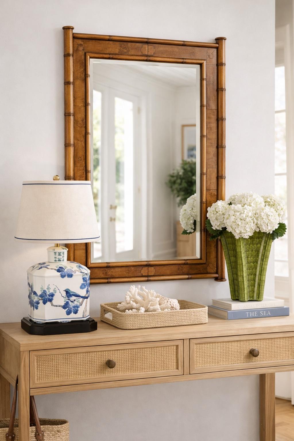 Large Vintage Carved Wood Faux Bamboo Wall Mirror – Beveled Glass