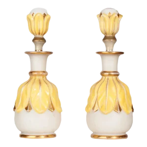 Pair of Late 19th Century Bohemian/Art Nouveau Opaline Glass and Gold Enamel Flower-Shaped Perfume Decanters/Scent Bottles With Stoppers, France