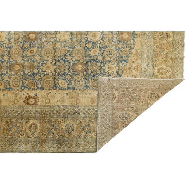 Persian Antique Persian Tabriz Rug Muted Blue & Ochre All-Over Botanical Design For Sale - Image 3 of 10