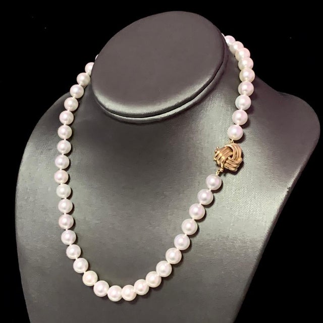 Traditional Akoya Pearl Necklace 14 Karat Yellow Gold Certified For Sale - Image 3 of 5