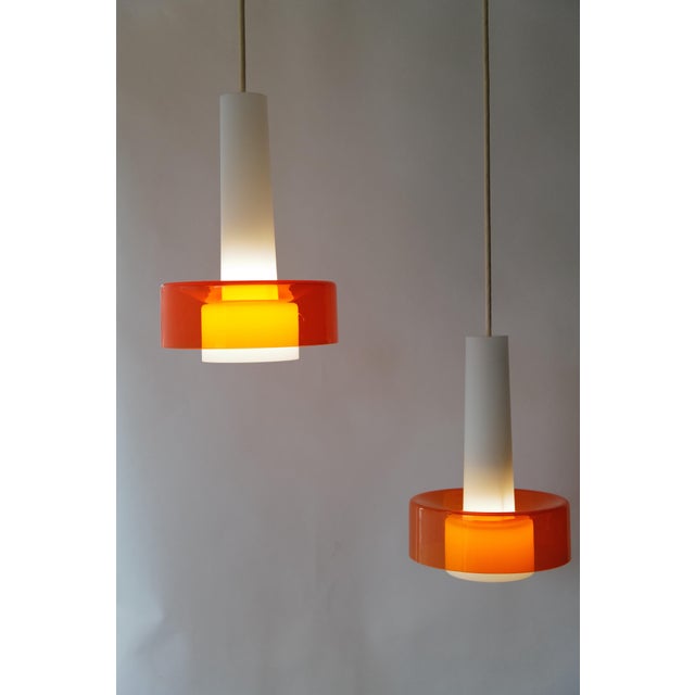 Orange Mid 20th Century Mid-Century Opaline and Orange Glass Pendant Lights - a Pair For Sale - Image 8 of 18