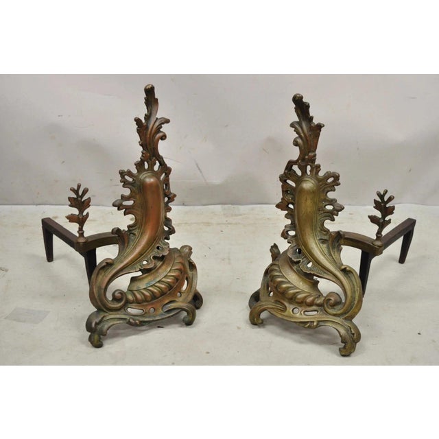 Antique French Rococo Baroque Style Brass Leafy Acanthus Andirons - a Pair. Circa Early 20th Century. Measurements: 17" H...