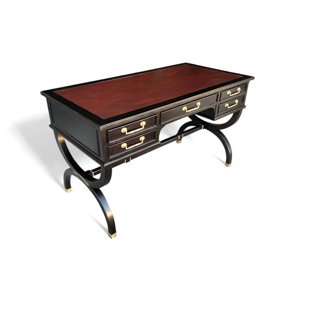 English Mid 20th Century Hollywood Regency Ebonized Desk With Cognac Leather Top by Sligh-Lowry For Sale - Image 3 of 17