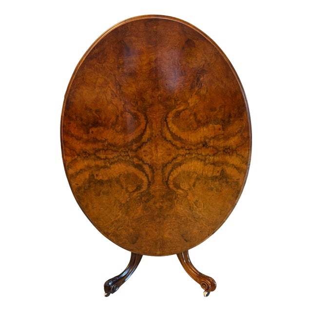 Antique Victorian Oval Burr Walnut Centre Dining Table with Tilt Top, 1860s For Sale