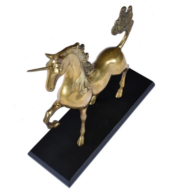 Figurative Large Brass Unicorn Sculpture Figurine on Black Wood Base Nearly 22 Inch For Sale - Image 3 of 10