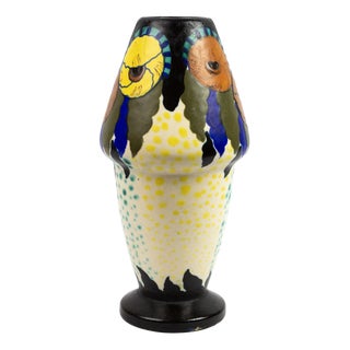 Shell-Shaped Vase in Polychrome Glazed Ceramic with Stylized Floral Decor by D'Argyl for E. Val & Cie, Paris, 1928-1935 For Sale
