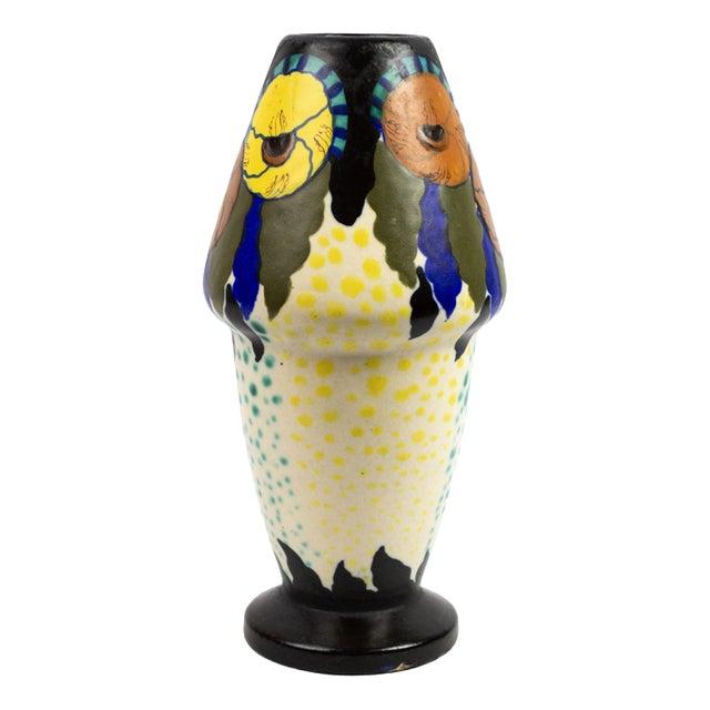 Shell-Shaped Vase in Polychrome Glazed Ceramic with Stylized Floral Decor by D'Argyl for E. Val & Cie, Paris, 1928-1935 For Sale