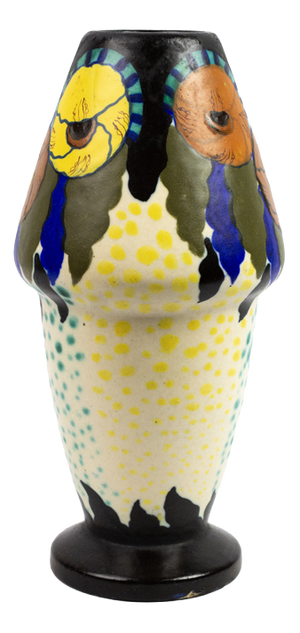 Shell-Shaped Vase in Polychrome Glazed Ceramic with Stylized Floral Decor by D'Argyl for E. Val & Cie, Paris, 1928-1935