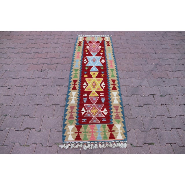 1980s Southwestern Style Hand Knotted Geometric Design Oushak Kilim Runner Rug For Sale - Image 10 of 10