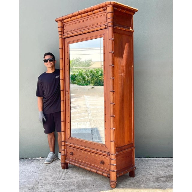 Vintage Faux Bamboo Armoire With Mirror For Sale - Image 9 of 12