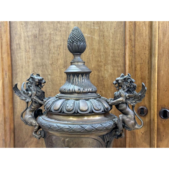 Napoleon III Covered Vases in Spelter with Marble Bases, Set of 2 For Sale - Image 9 of 13