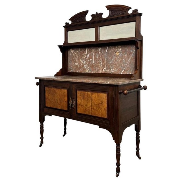 Antique English Edwardian Burr Walnut and Marble Washstand For Sale - Image 5 of 11