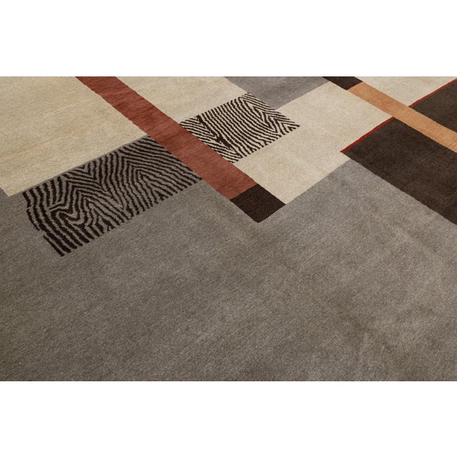 Tibetan Hand-Knotted Wool & Silk Rug Abstract Modern Geometric in Gray and Brown For Sale - Image 9 of 10