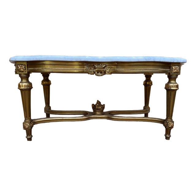 Louis XVI Coffee Table in Gilded Wood and White Marble For Sale