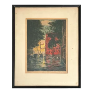 Bela Sziklay - Vintage Expressionist Hand Colored Etching Venice Canal, Signed