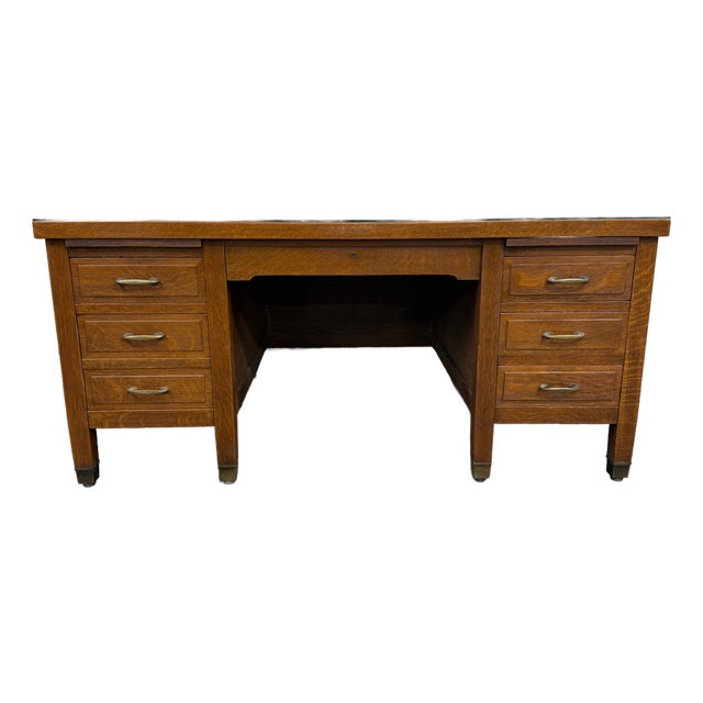 Antique American Arts & Crafts Mission Tiger Oak Executive Desk Partner Desk For Sale
