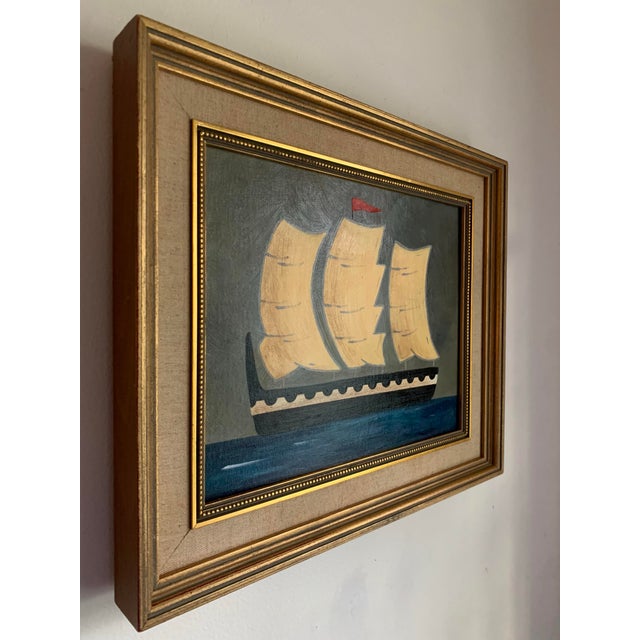 A richly layered maritime scene set against a moody grey-green sky, giving the piece a quiet depth and atmospheric...