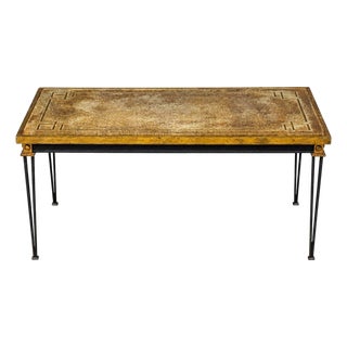 Jacques Quinet Style, Coffee Table, Gold Églomisé Glass, Iron, France, 1960s For Sale