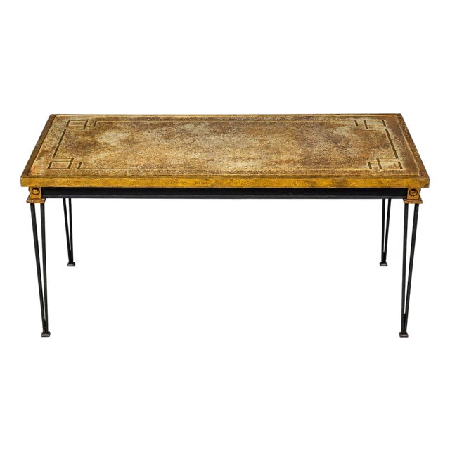 Jacques Quinet Style, Coffee Table, Gold Églomisé Glass, Iron, France, 1960s For Sale
