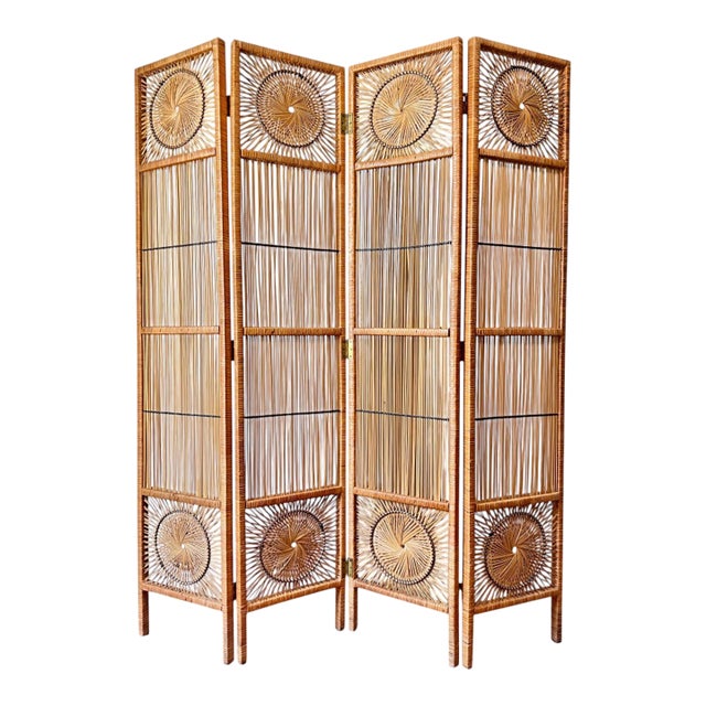 Vintage Woven Rattan Sunburst Four-Panel Room Divider Screen For Sale