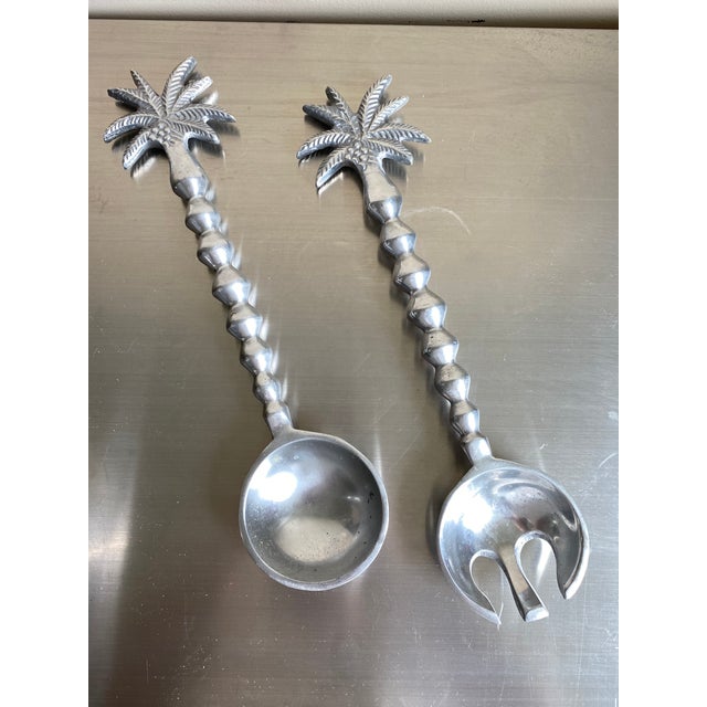 Contemporary Palm Tree Pewter Salad Bowl & Servers Chairish