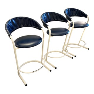 Vintage Blue and White Amisco Style Postmodern Counter Chairs - Set of 3 For Sale