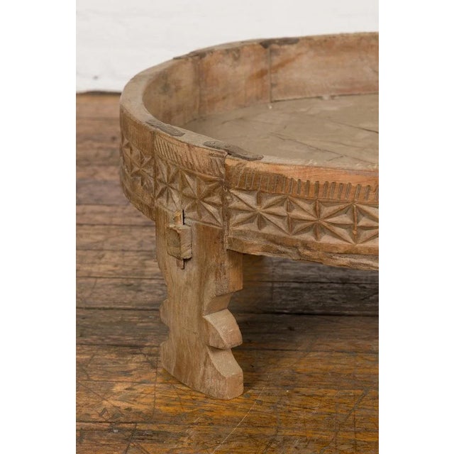 Wood 1920s Chakki Teak Indian Grinding Table with Hand Carved Geometric Décor For Sale - Image 7 of 12