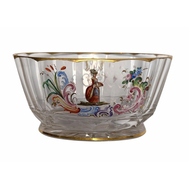 French Antique J L Lobmeyr Austrian Enamel Decorated Crystal Bowl Romantic Scene For Sale - Image 3 of 8