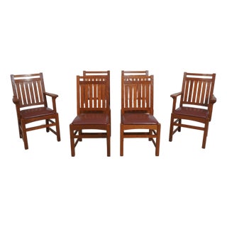 Set of 6 Mission Style Leather Seat Dining Chairs For Sale