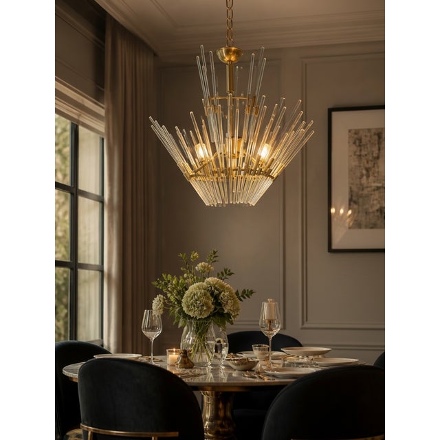 Murano Glass Rod Brass Chandelier, Italy, 1970s A striking Italian Murano glass rod chandelier from the 1970s, showcasing...