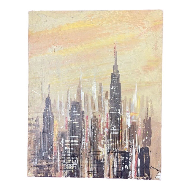 Mid 20th Century Modern Abstract Cityscape Painting with Skyscrapers For Sale