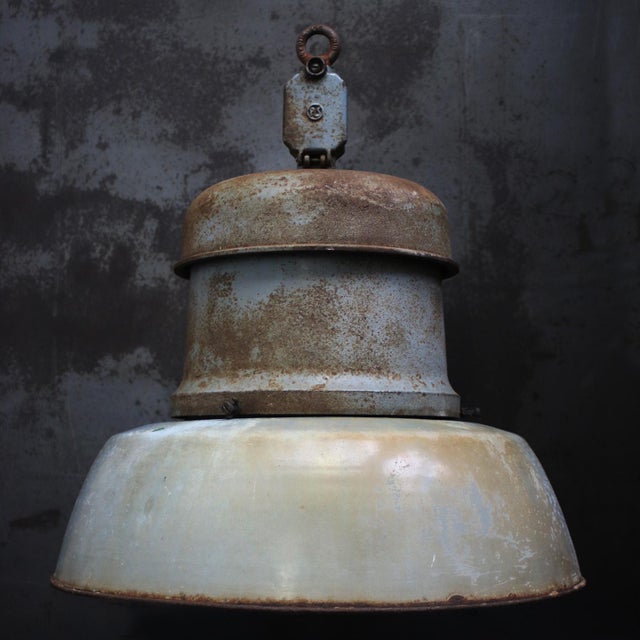 Old German Train Station Light by Pötter & Schütze GmbH Light grey enamel met big cast iron top White interior This piece...
