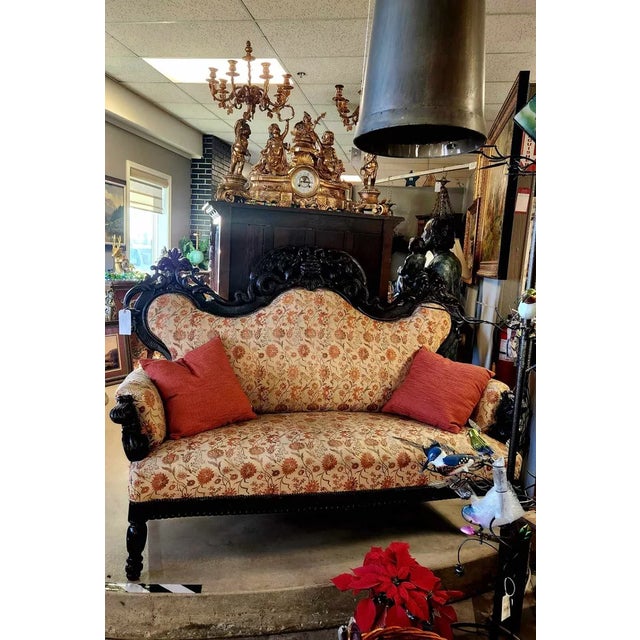 Mid 19th Century Victorian Carved, Floral, Upholstered, 1800s Antique Parlor Sofa For Sale - Image 5 of 9