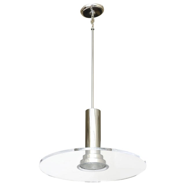 Vintage Signed Fredrick Ramond Etched Lucite and Chromed Metal Pendant Light 80's For Sale - Image 9 of 9