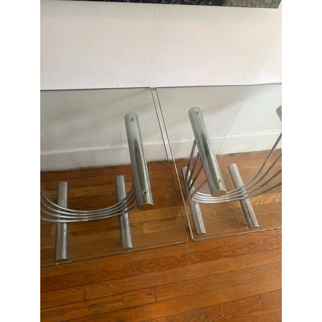 Chrome U Shape Bases Glass Square Top End Side Tables Stands - A Pair For Sale - Image 4 of 4