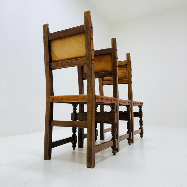 Wood Antique Swedish Folk Art Farm Country Dining Chairs in Pine and Tan Leather, 1890s For Sale - Image 7 of 11