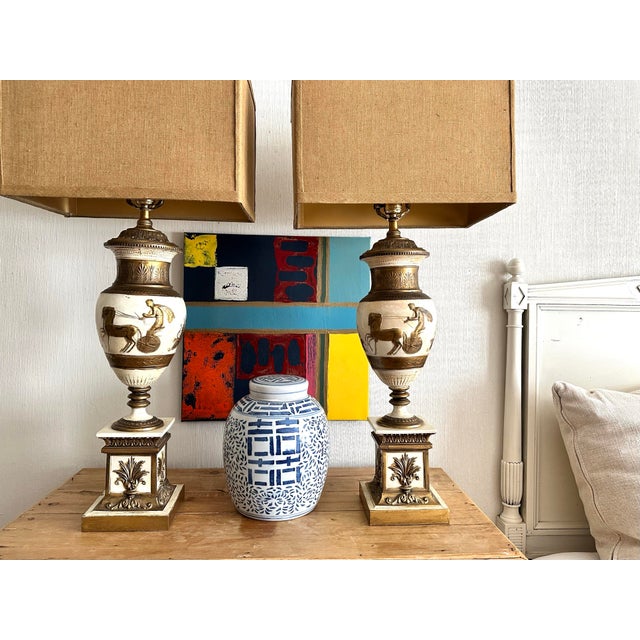 Mediterranean Vintage Ceramic Greek Inspired Lamp Pair With Shades - a Pair For Sale - Image 3 of 11