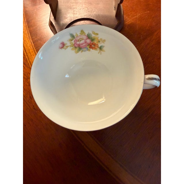 Red Vintage Noritake M N749 China Tea Cups, Saucers and Wooden Stands Set of 4 ca.1950 For Sale - Image 8 of 18