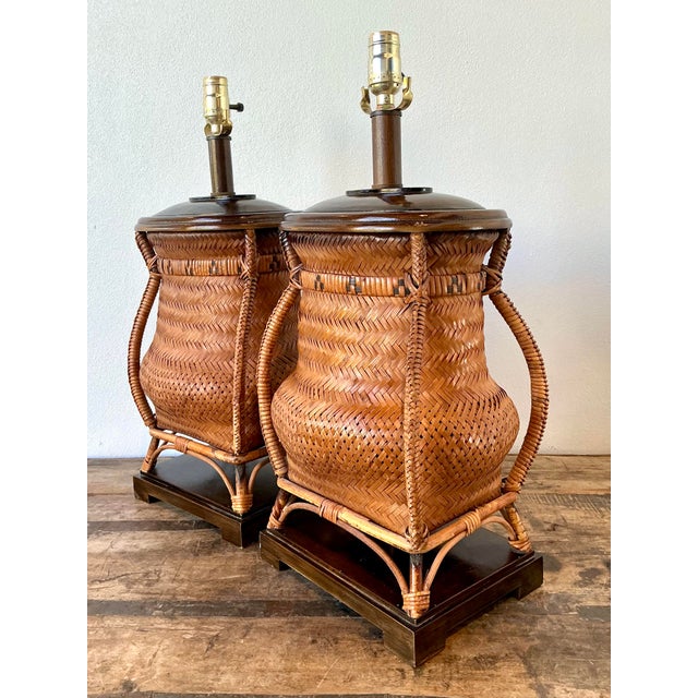 Vintage Woven Rattan Basket Lamps - A Pair For Sale - Image 4 of 12
