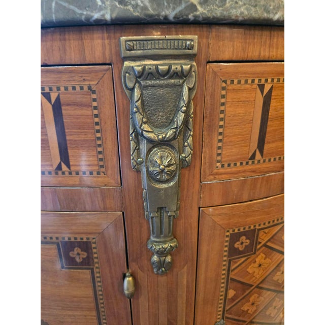 Wood Early 20th Century French Louis XVI–Style Inlaid Marble-Top Demilune Cabinet, For Sale - Image 7 of 11