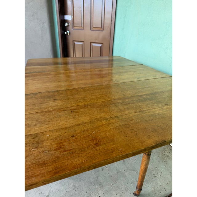 American Beautiful Antique Drop Leaf Colonial Table From 1700s or 1800s. Turned Legs and Original Wood Casters, Good as Console or Kitchen Island or Dining. For Sale - Image 3 of 8