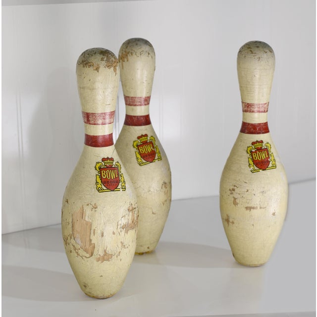 Traditional Vintage Red Crown Brunswick Bowling Pins - 3 Pieces For Sale - Image 3 of 11