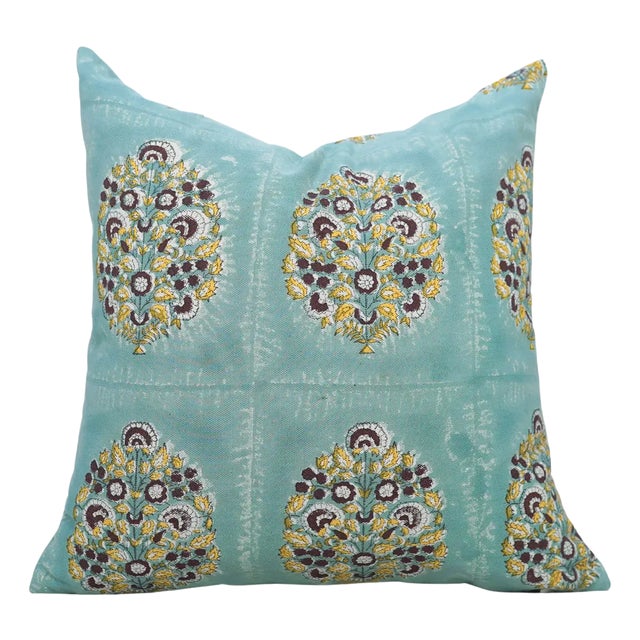 Floral Printed Decorative Indoor Wrap Case 24x24 Inch- Guldasta Design on Duck Canvas in Blue For Sale