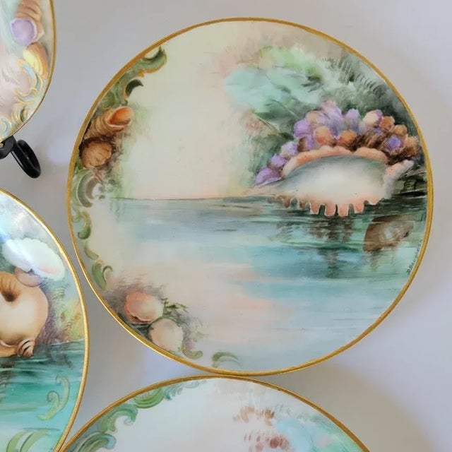Rare Hand-Painted Bavarian Seashell Dessert Set, Signed Artist Porcelain Plates & Serving Bowl For Sale In Raleigh - Image 6 of 10