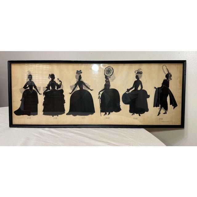 Up for sale is a nice quality, large antique 19th century original silhouette fashion ink drawing. It depicts 6...