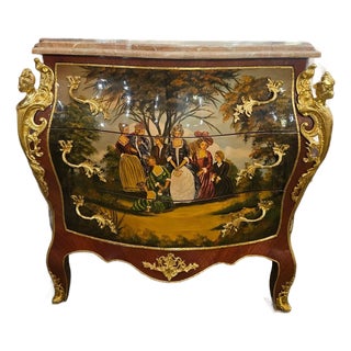Vintage Louis XV Bombe Chest - Hand-Painted French Marble Top Dresser For Sale