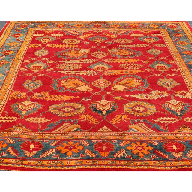Traditional Design Antique Turkish Oushak Rug in Red, Blue and Marigold. Keivan Woven Arts / Rug / HAS-3326 / country of...